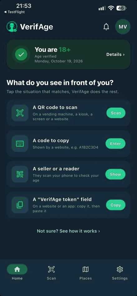 Schermata iniziale dell’app VerifAge con le quattro situazioni proposte