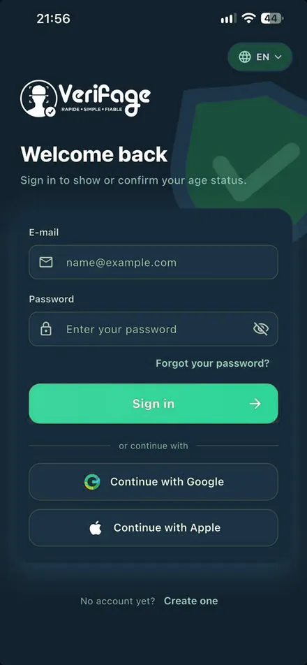 Schermata di accesso dell’app VerifAge, con e-mail, Google e Apple